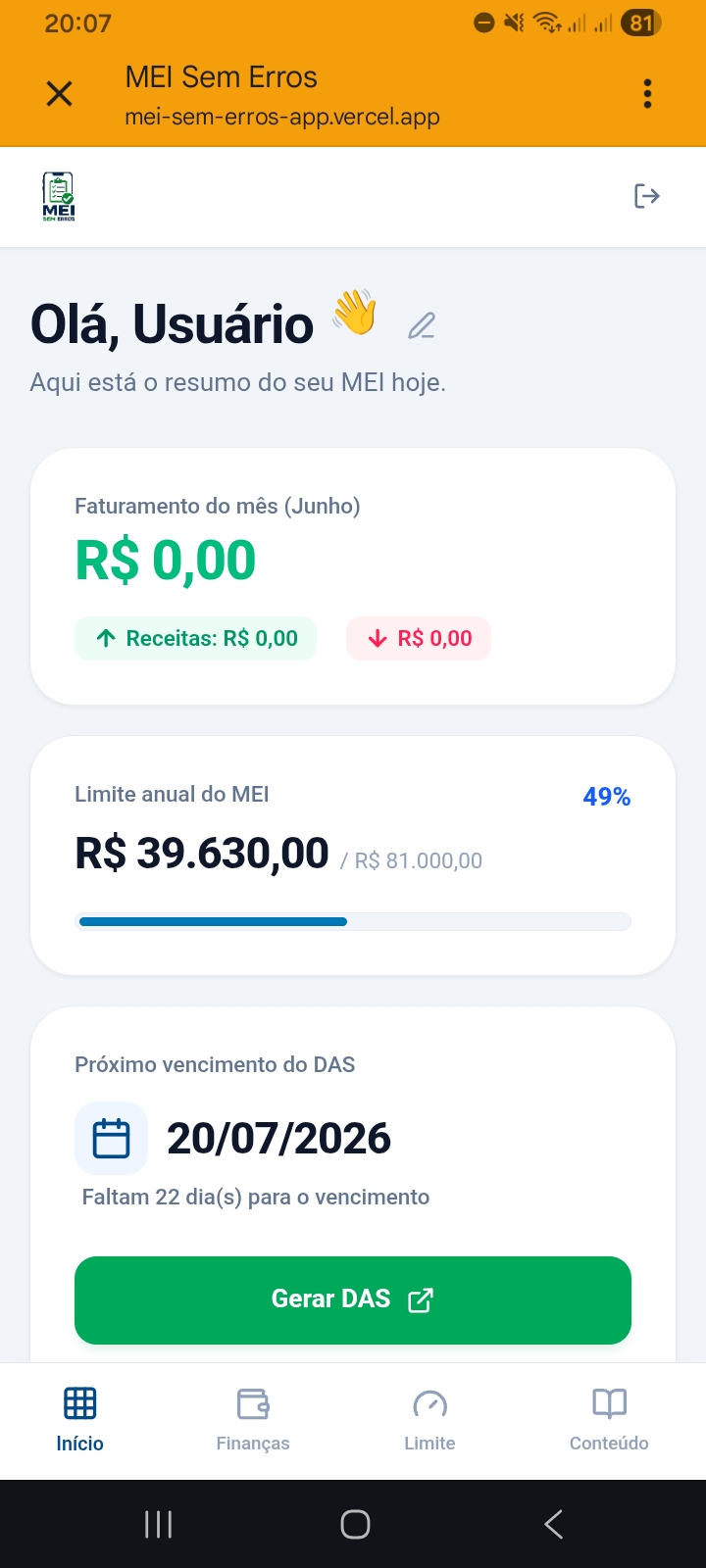 Dashboard do App MEI Sem Erros