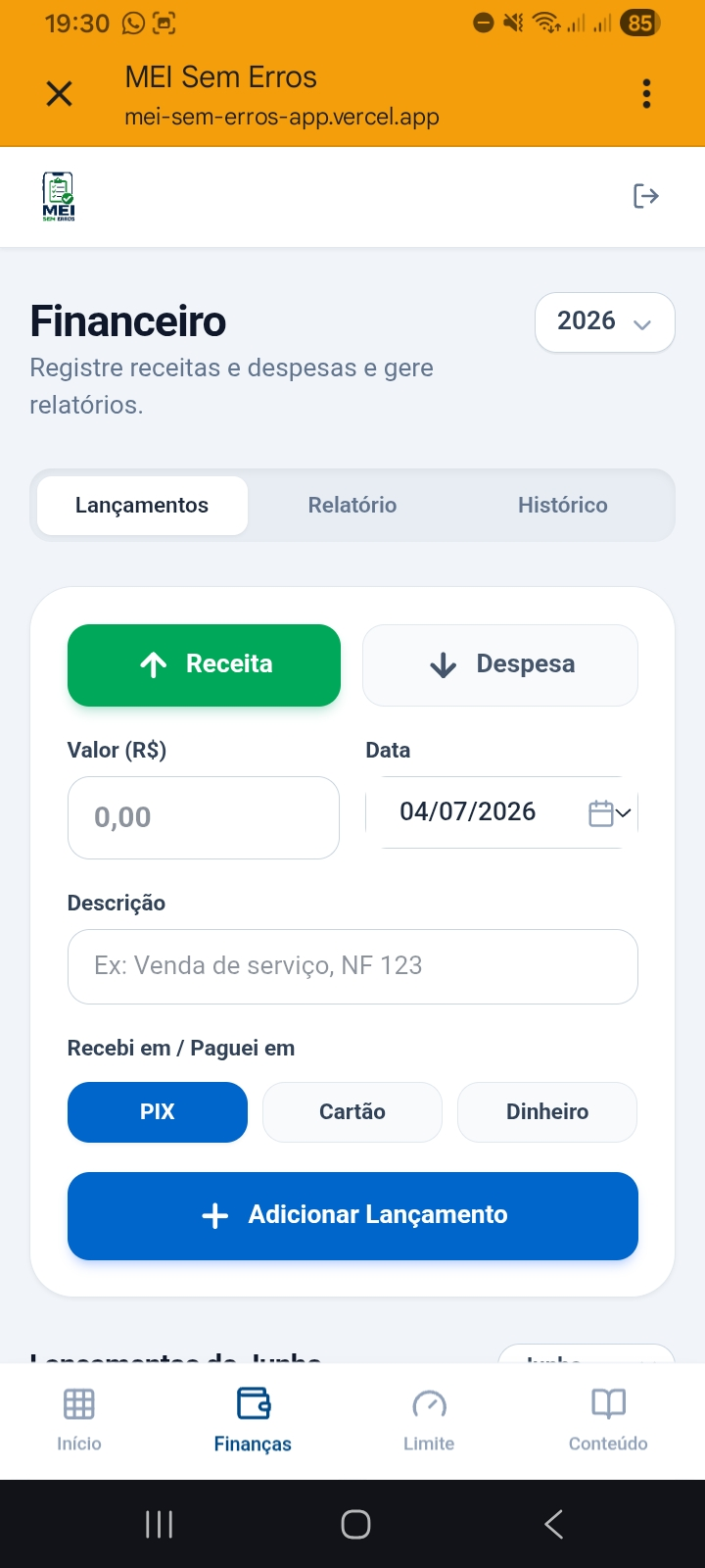 Tela de Lançamentos Financeiros