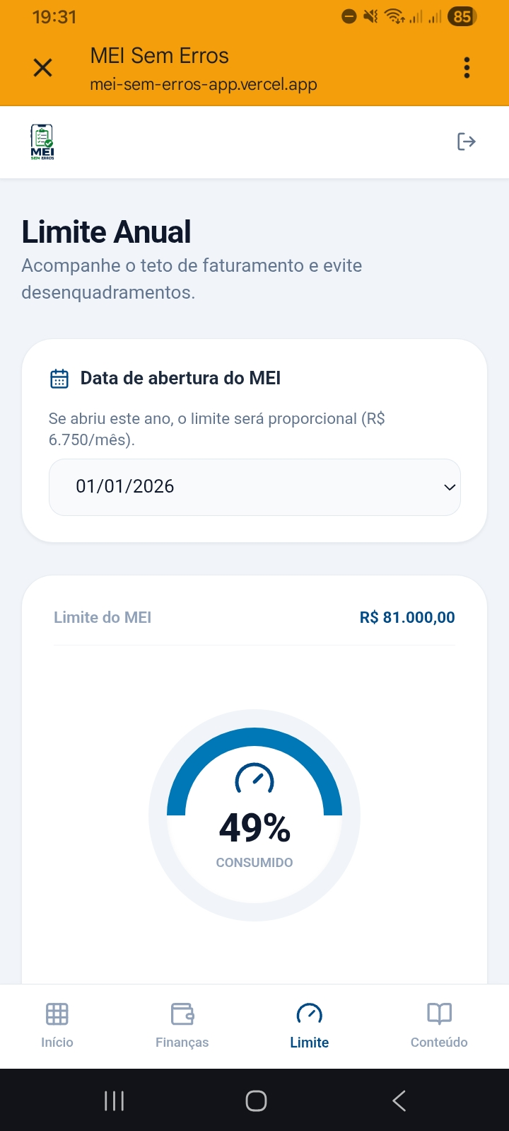Tela de Limite Anual do MEI